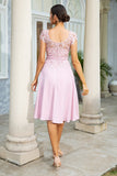 Robe de mère de la mariée en mousseline rose avec dentelle
