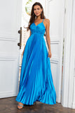Une ligne Spaghetti Straps Lake Blue Long Prom Robe