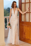 Mermaid Deep V Neck Robe de mariée en dentelle blanche avec appliques