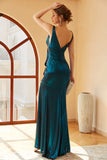 Robe de bal longue ruchée bleu paon