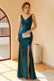 Robe de bal longue ruchée bleu paon