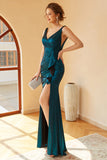 Robe de bal longue ruchée bleu paon