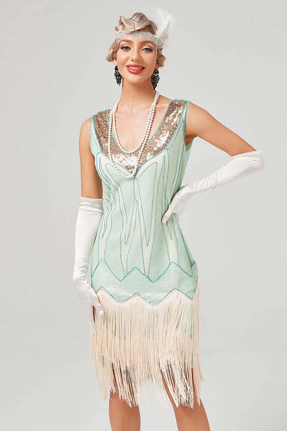 Paillettes Vert Short Robe de Fête des années 1920