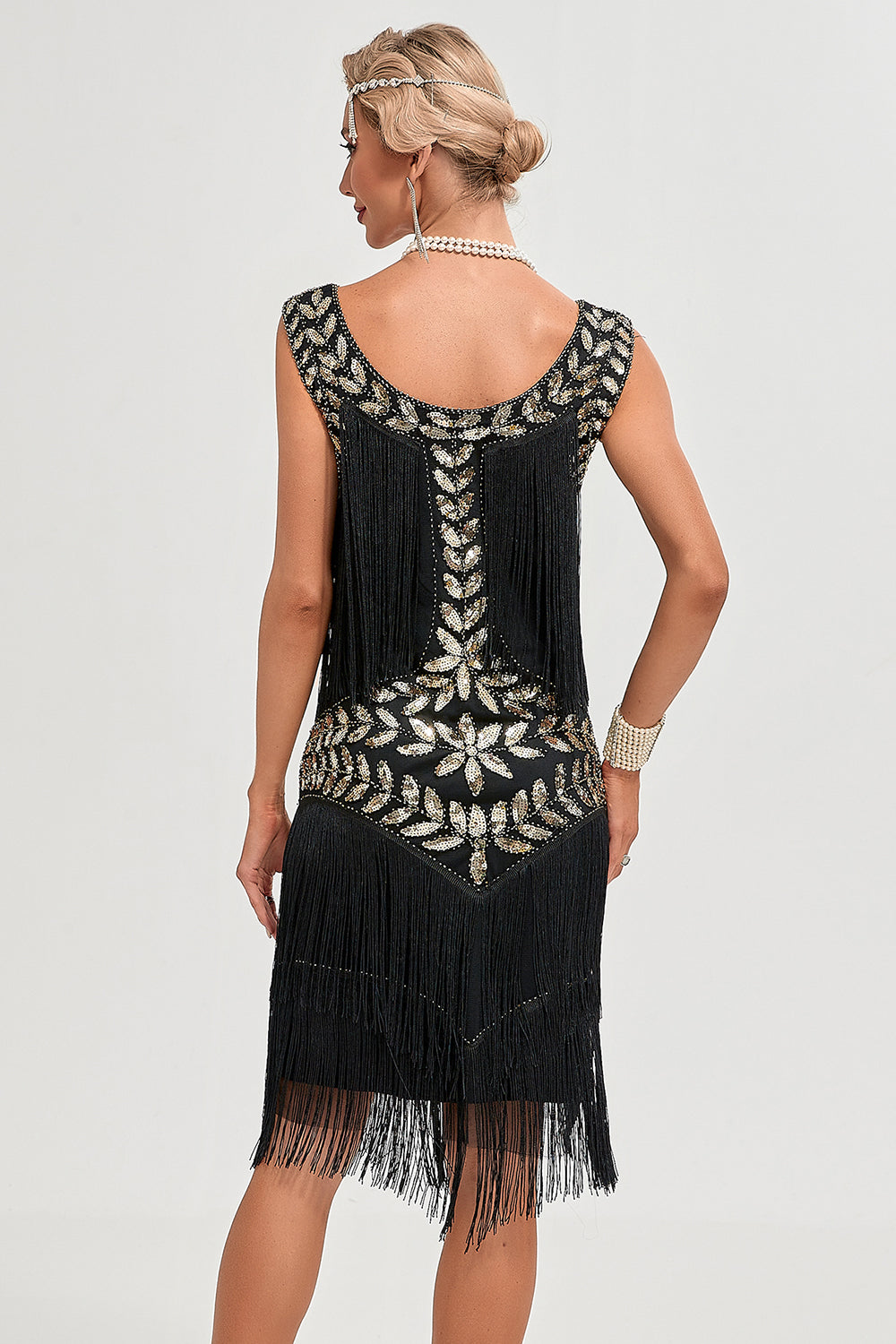 Champagne Gatsby Robe des années 20 avec paillettes et franges