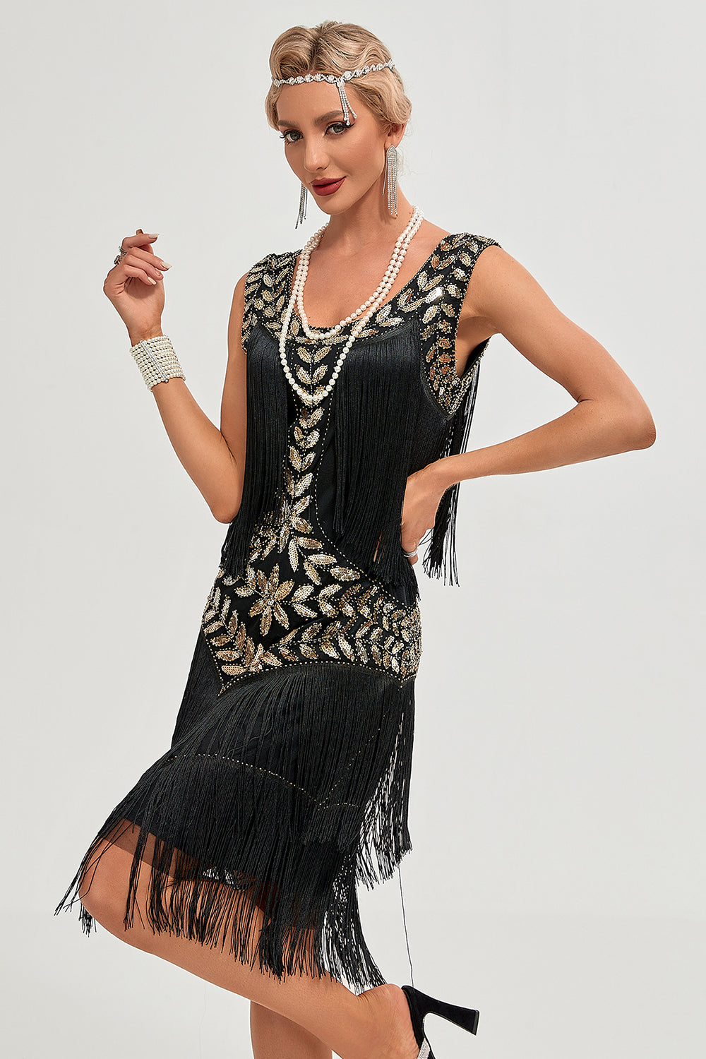 Champagne Gatsby Robe des années 20 avec paillettes et franges