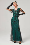 Paillettes Vert Foncé Longue Robe des années 20