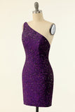 Purple One Shoulder Sequins Robe de retour