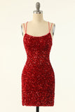 Robe de soirée courte moulante rouge à sequins