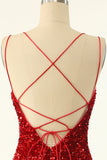 Robe de soirée courte moulante rouge à sequins