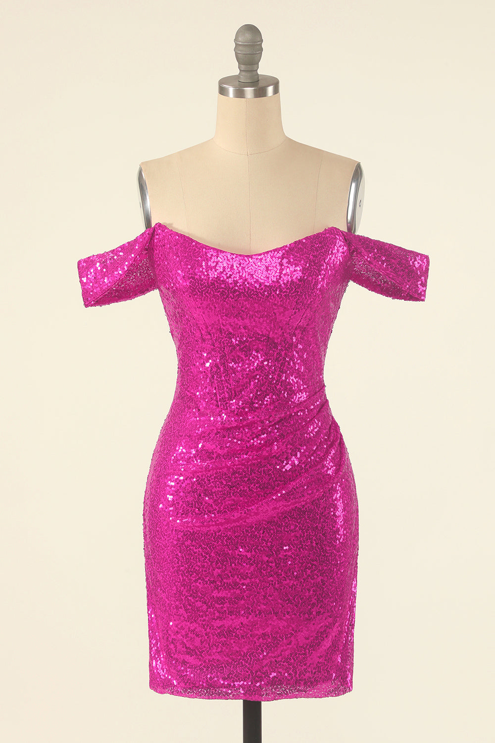 Fuchsia Off the Shoulder Sequins Robe de retour serrée
