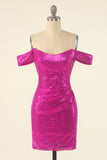 Fuchsia Off the Shoulder Sequins Robe de retour serrée