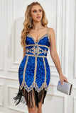 Robe de retour à paillettes bleu royal avec franges