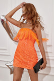 Gaine Bustier Robe de Cocktail Courte à Paillettes Orange avec Gland