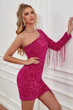 Fuchsia One Shoulder Sequins Robe de retour serrée avec manches