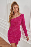 Fuchsia One Shoulder Sequins Robe de retour serrée avec manches