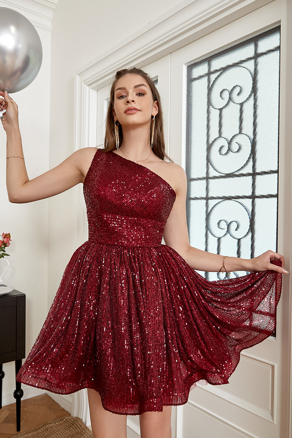 One Shoulder Sequin A-line Robe de bal courte