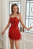 Robe de retour ajustée à paillettes rouges avec franges