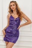 Robes de cocktail courtes violettes à paillettes dos nu