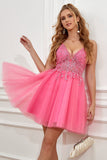 Fuchsia Spaghetti Straps A-Line Backless Robe courte de retour