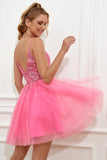 Fuchsia Spaghetti Straps A-Line Backless Robe courte de retour