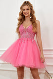 Fuchsia Spaghetti Straps A-Line Backless Robe courte de retour