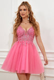 Fuchsia Spaghetti Straps A-Line Backless Robe courte de retour