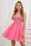 Fuchsia Spaghetti Straps A-Line Backless Robe courte de retour