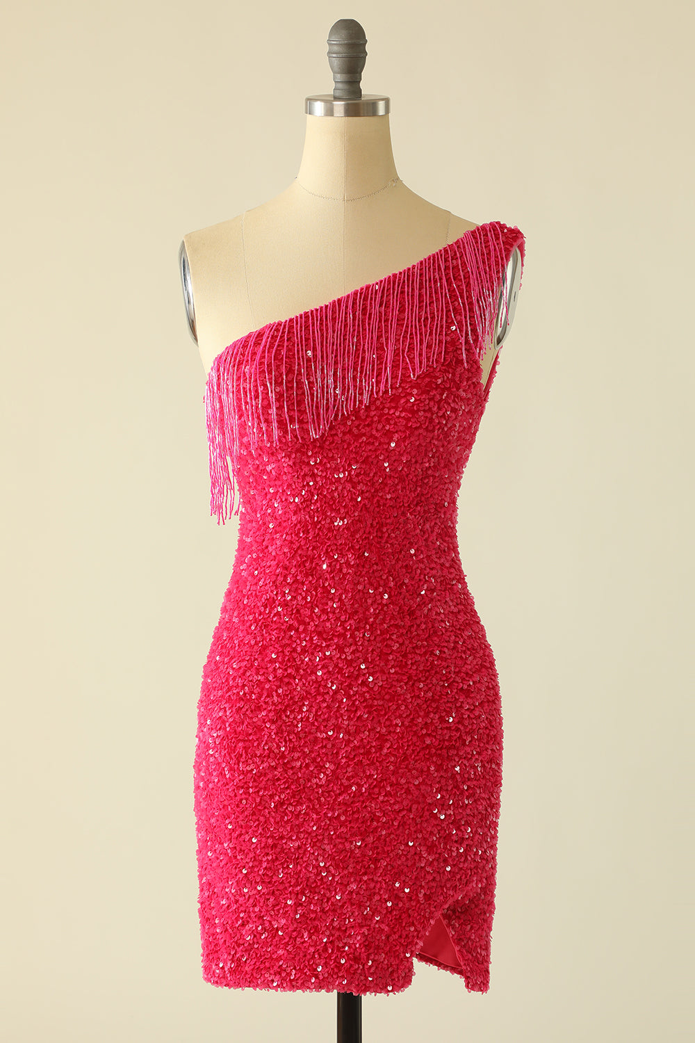 Robe de retour à paillettes rose vif à une épaule