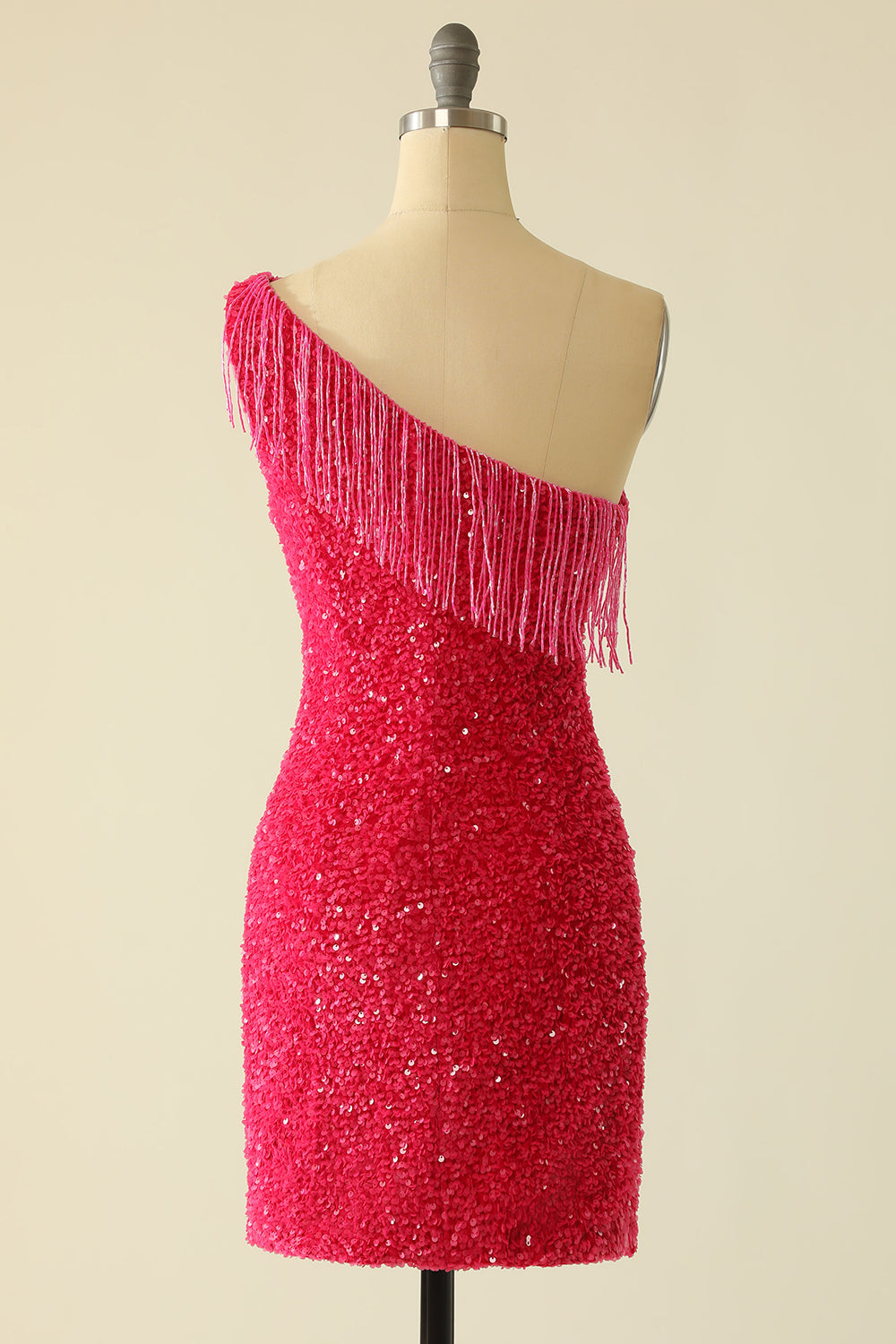Robe de retour à paillettes rose vif à une épaule