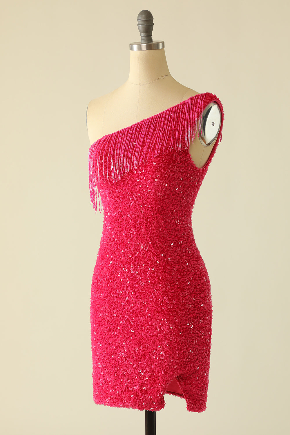 Robe de retour à paillettes rose vif à une épaule