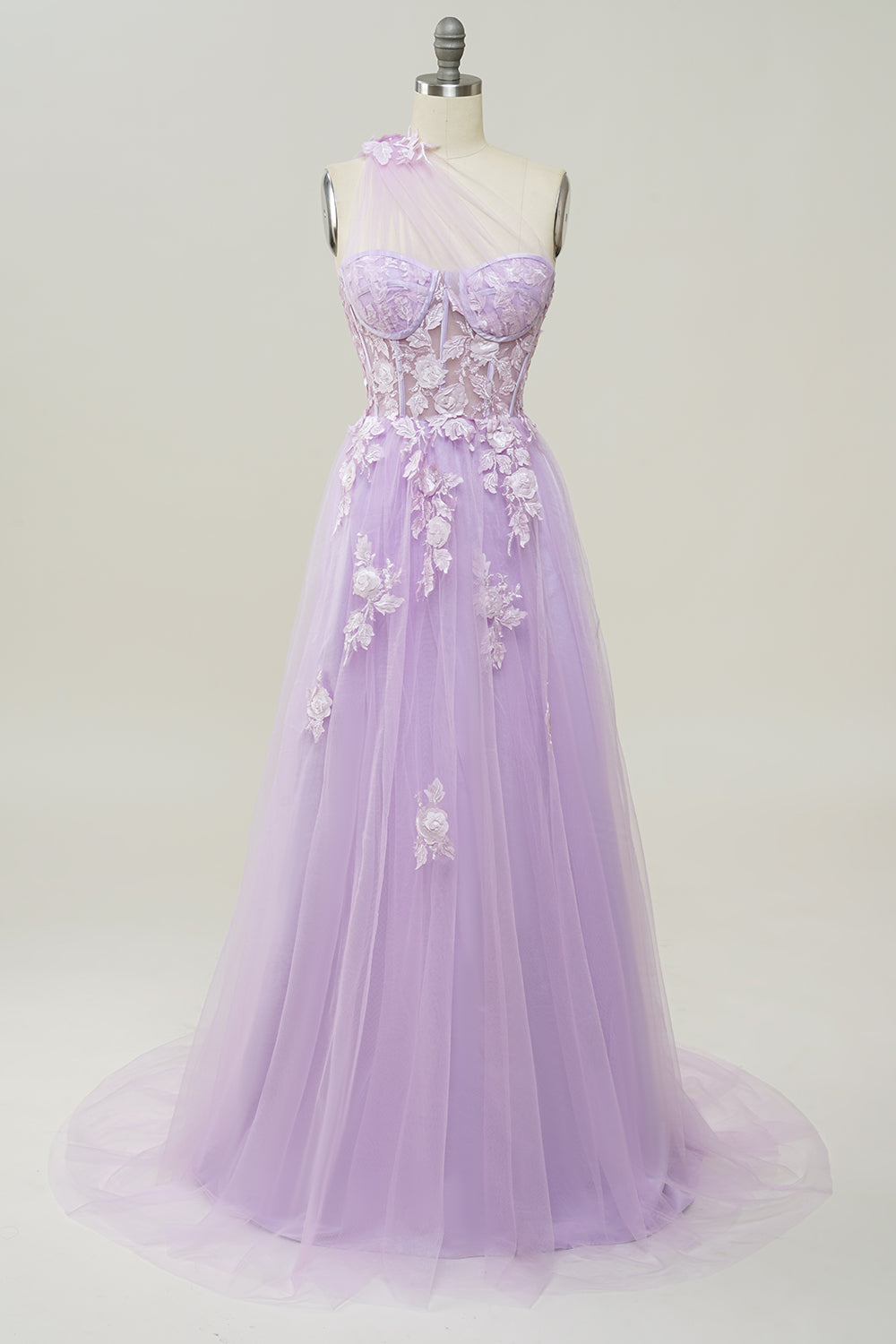 Une robe de bal longue Line One Shoulder Sky Blue avec appliques