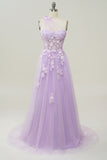 Une robe de bal longue Line One Shoulder Sky Blue avec appliques