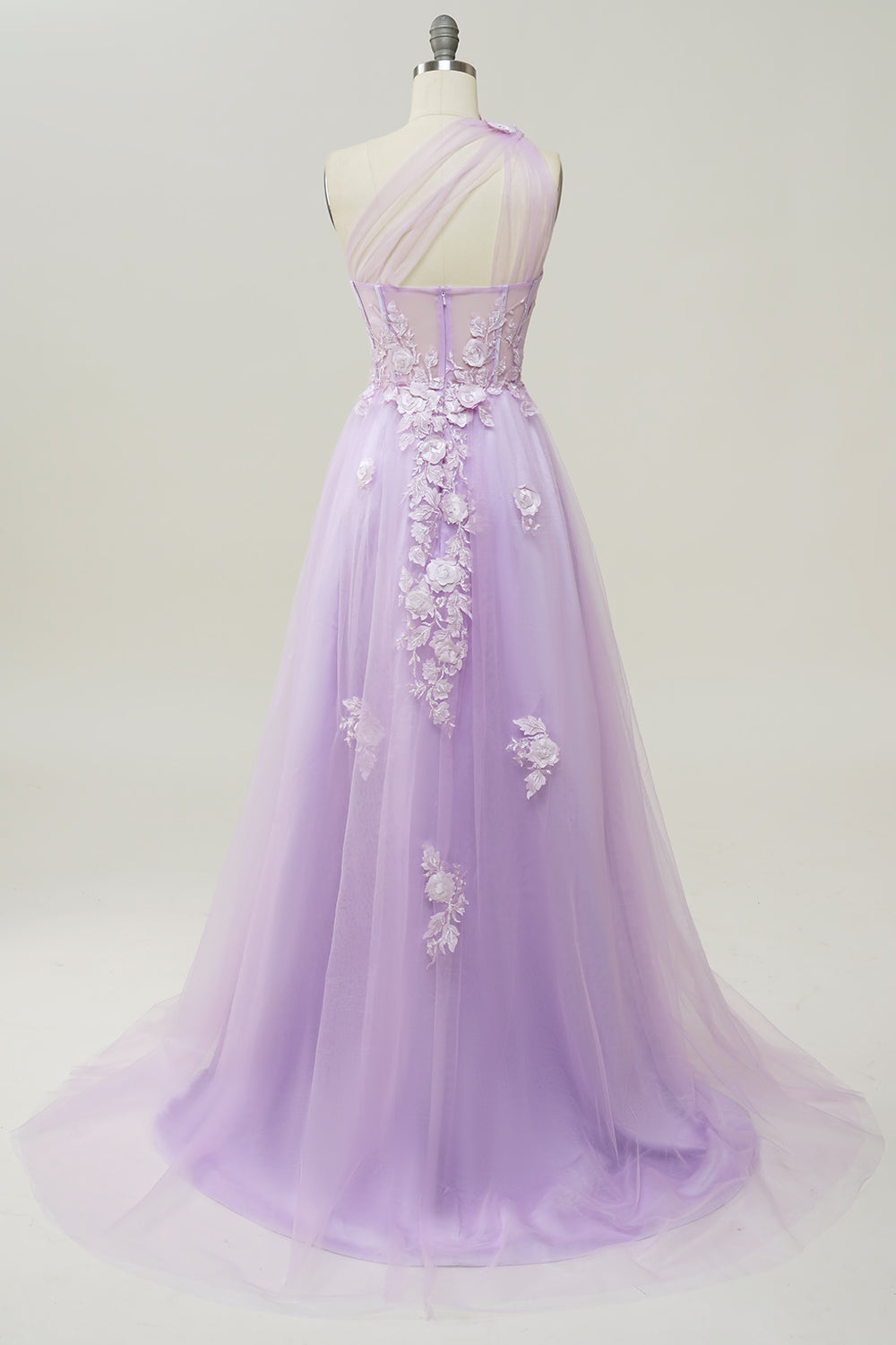Une robe de bal longue Line One Shoulder Sky Blue avec appliques