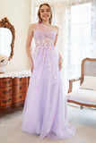 Une robe de bal Line One Shoulder Purple Plus Taille avec Appliques