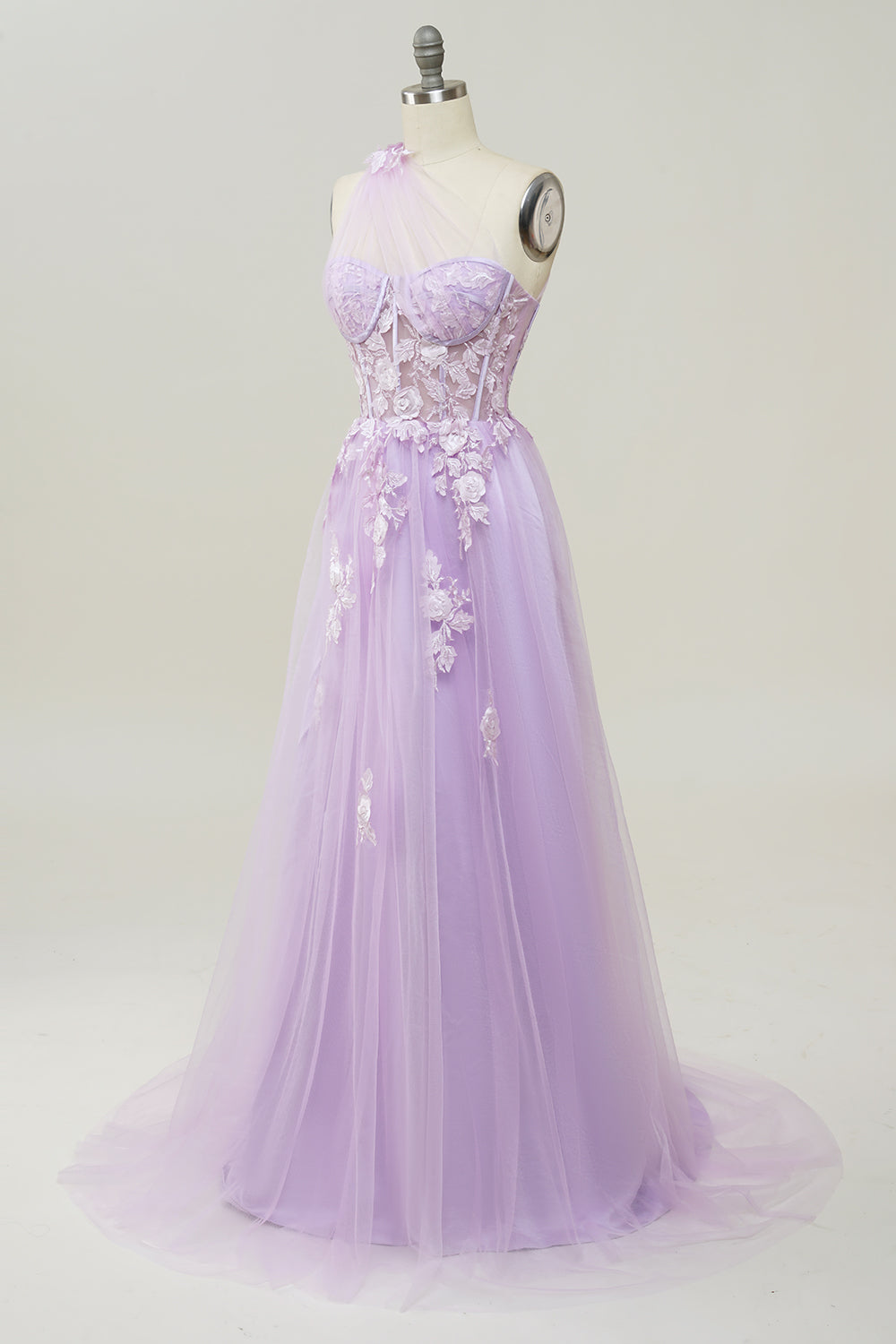 Une robe de bal longue Line One Shoulder Sky Blue avec appliques