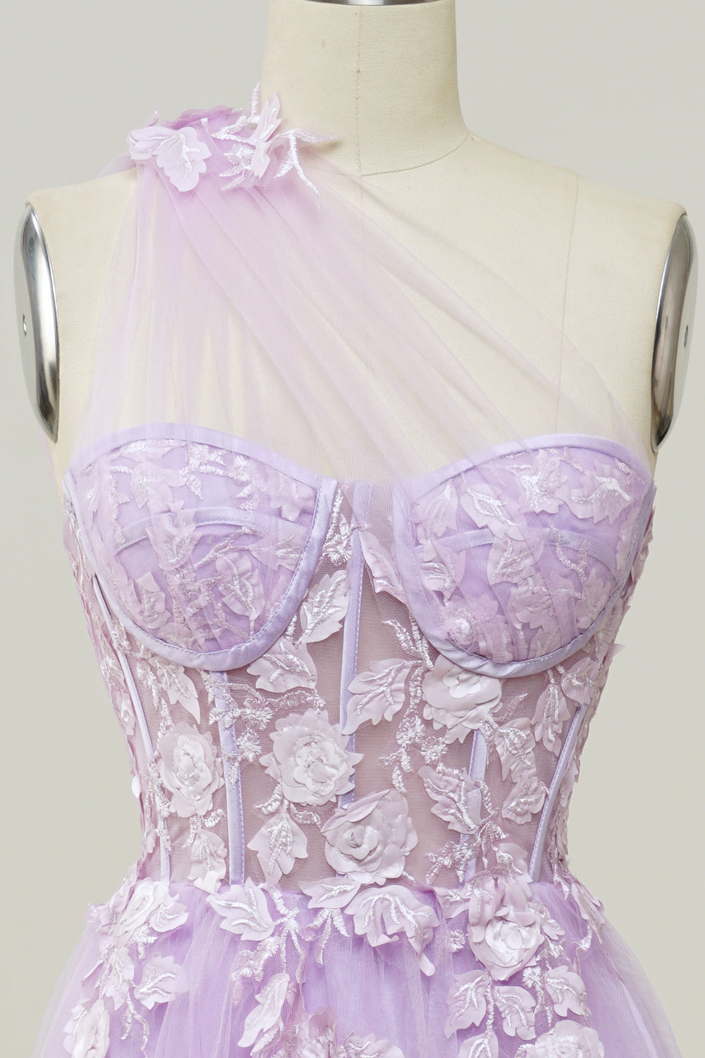 Une robe de bal longue Line One Shoulder Sky Blue avec appliques