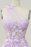 Une robe de bal longue Line One Shoulder Sky Blue avec appliques