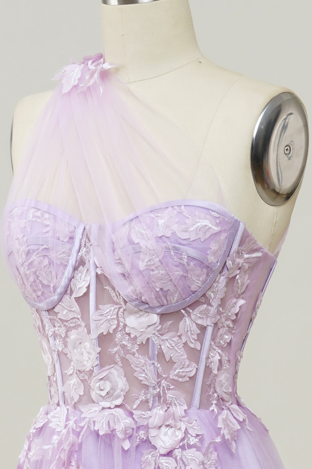 Une robe de bal longue Line One Shoulder Sky Blue avec appliques