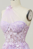 Une robe de bal longue Line One Shoulder Sky Blue avec appliques