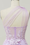 Une robe de bal longue Line One Shoulder Sky Blue avec appliques