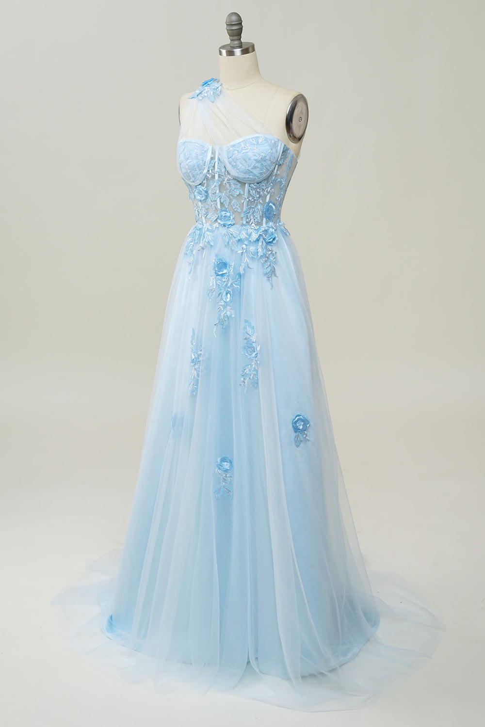 Une robe de bal longue Line One Shoulder Sky Blue avec appliques