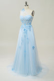 Une robe de bal longue Line One Shoulder Sky Blue avec appliques