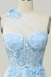 Une robe de bal longue Line One Shoulder Sky Blue avec appliques