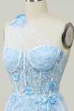 Une robe de bal longue Line One Shoulder Sky Blue avec appliques