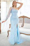 Mermaid One Shoulder Sky Blue Plus Robe de bal avec appliques