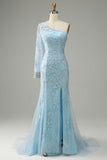 Robe de bal de sirène à une épaule bleu ciel avec appliques