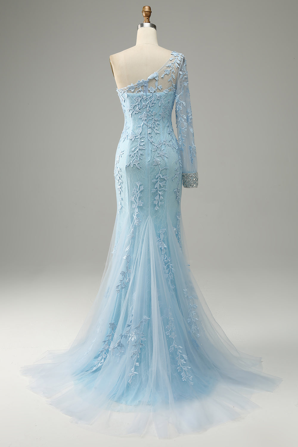 Robe de bal de sirène à une épaule bleu ciel avec appliques