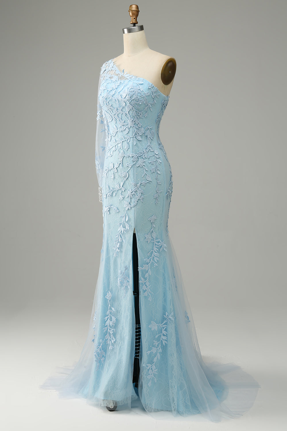 Robe de bal de sirène à une épaule bleu ciel avec appliques