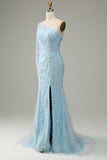 Robe de bal de sirène à une épaule bleu ciel avec appliques