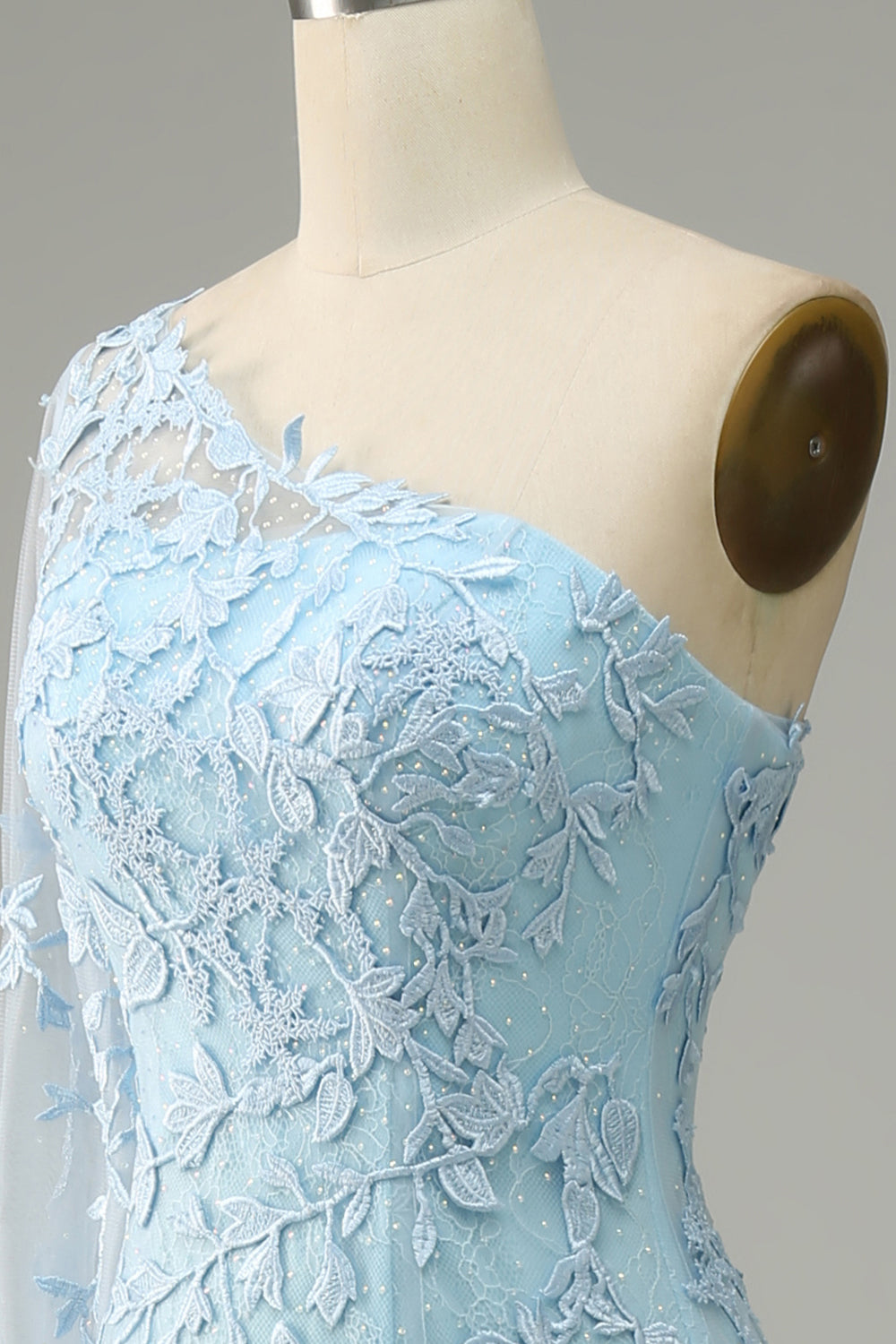 Robe de bal de sirène à une épaule bleu ciel avec appliques